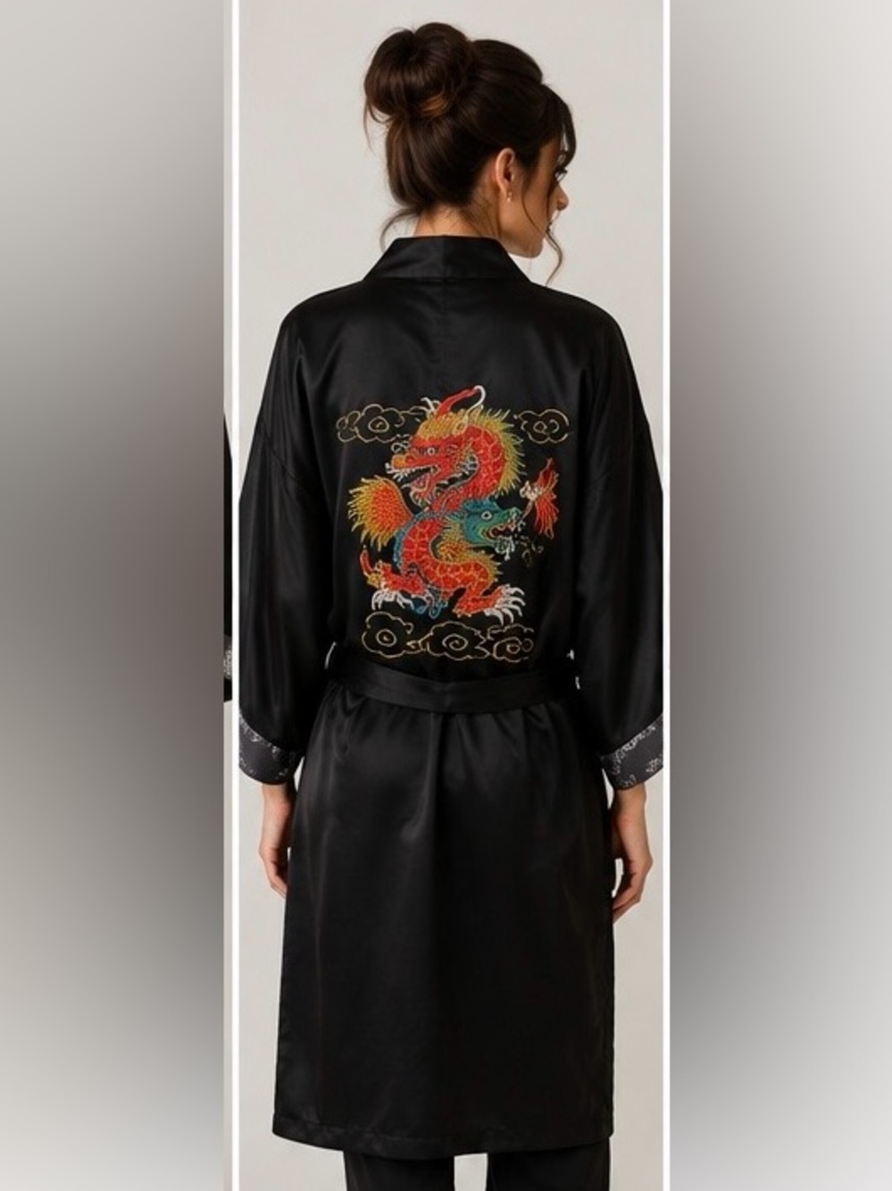 Reversible Dragon Kimono Robe Embroidered Black Satin Asian L XL Belted